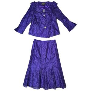 Susanna Purple Skirt Suit Set Womens 16 Jacquard Crystal Button Portrait Collar